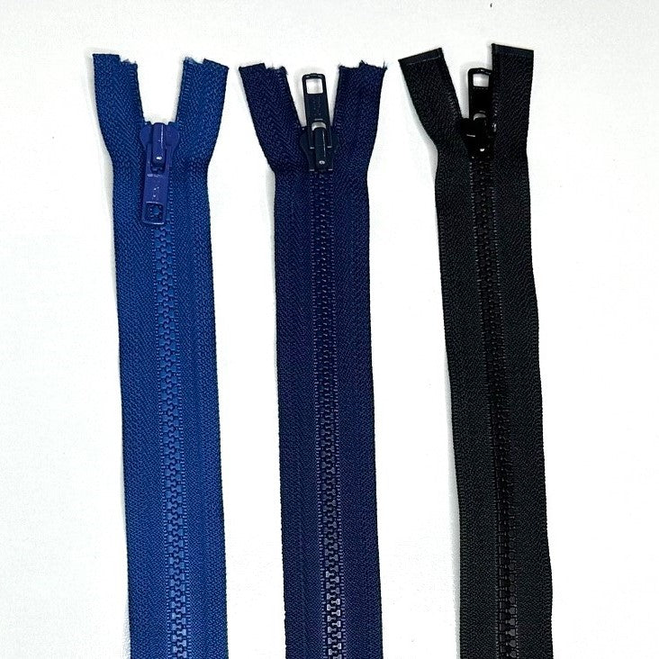 three molded tooth zippers - blue, navy, black