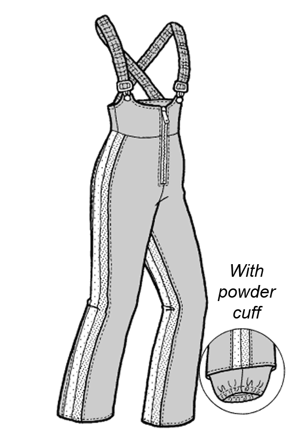 pen and ink drawing of ski bibs with close up of powder cuff