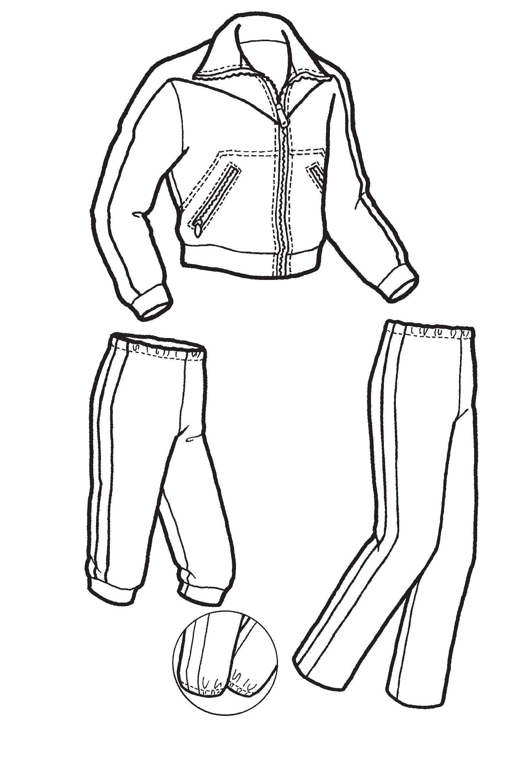 pen and ink drawing of jacket, pants, knickers.