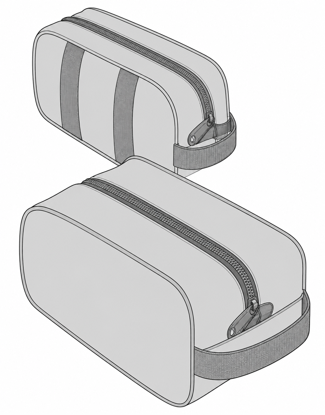 Two light gray zippered pouches or small bags shown on a plain white background, rendered as clean line drawings with gray zippers and handles.