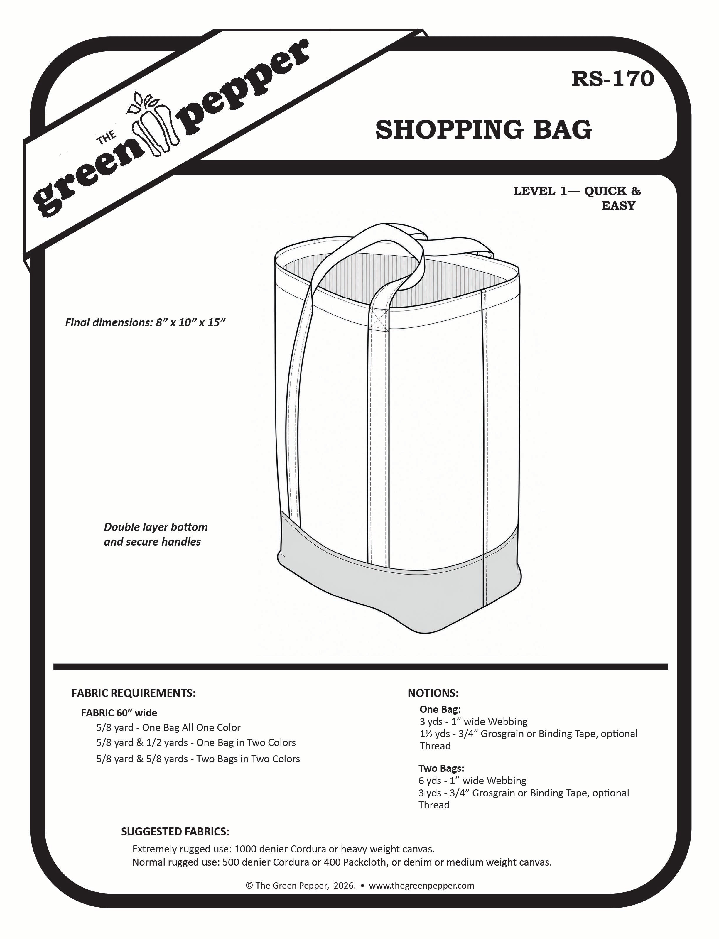 Black and white sewing pattern cover for a Green Pepper Shopping Bag, showing a line drawing of the bag, dimensions, fabric requirements, and suggested fabrics.