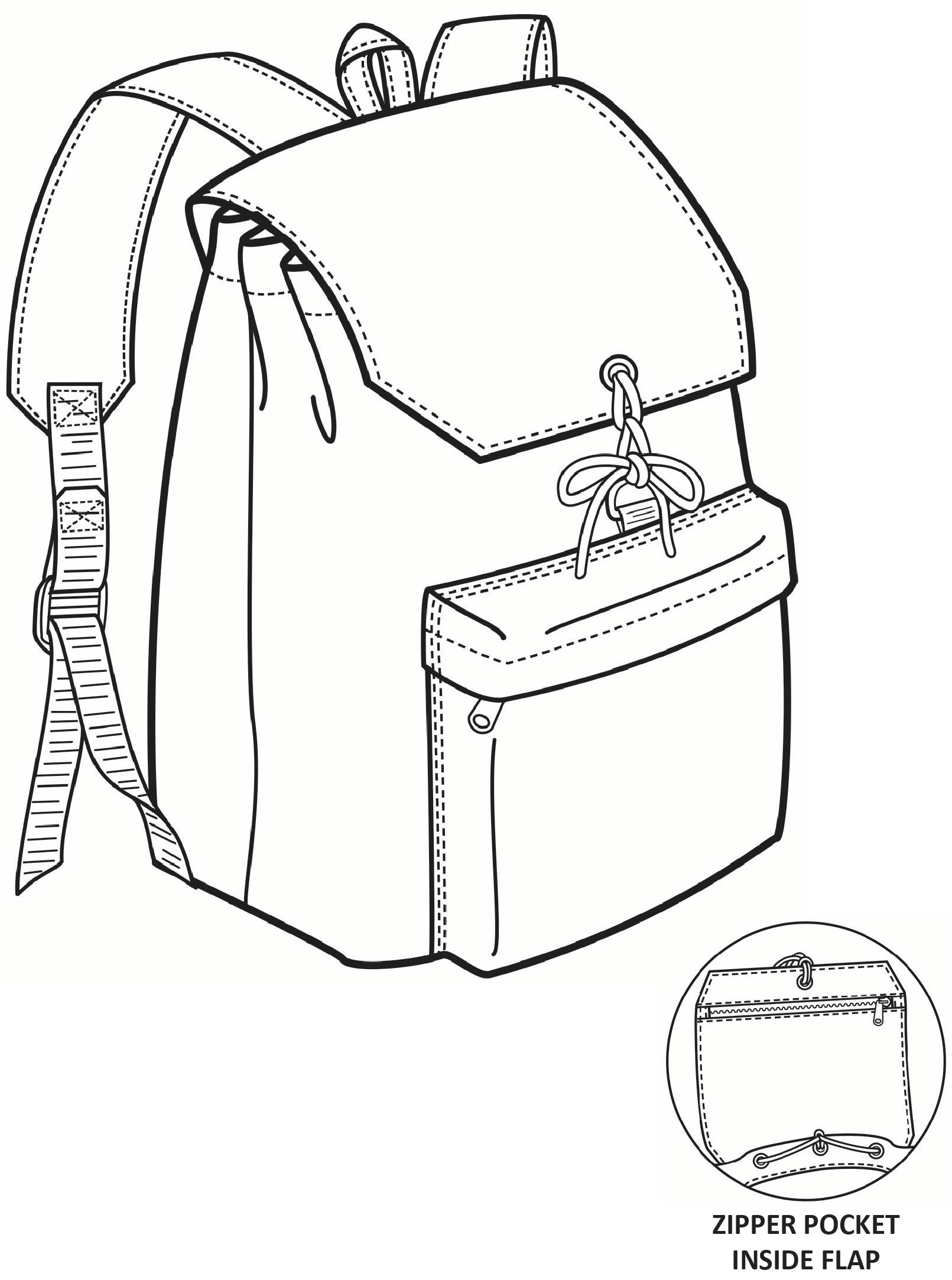 Pen and ink drawing of a drawstring day backpack with a front pocket and a close up of the inside pocket flap