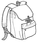 Pen and ink drawing of a drawstring day backpack with a front pocket.