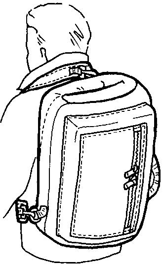 pen and ink drawing of the tri-fold garment bag worn as a back pack.