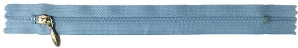 Blue zipper with a metal pull on a white background