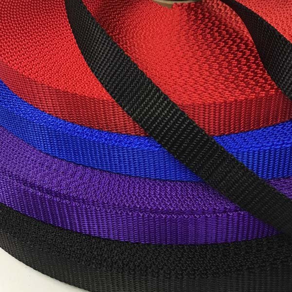 Close-up of red, blue, and purple webbing with a black strap.