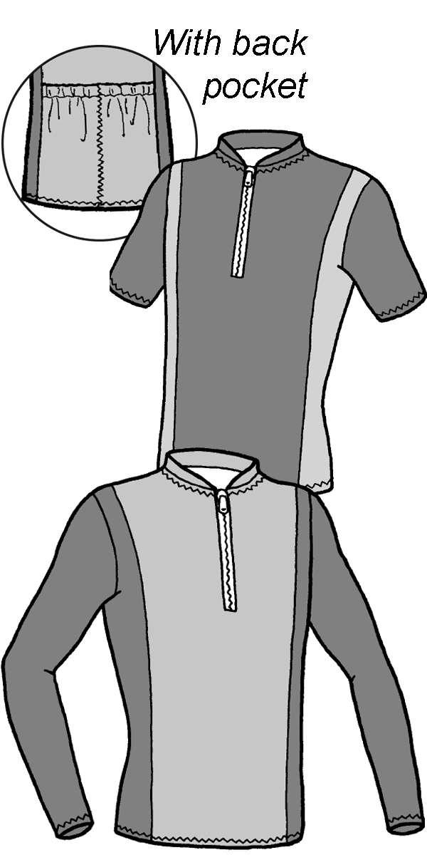 pen and ink drawings of two bicycle racing jerseys - one with short sleeves and one with long sleeves.