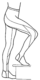 pen and ink drawing of leggings on a person stepping on a block.