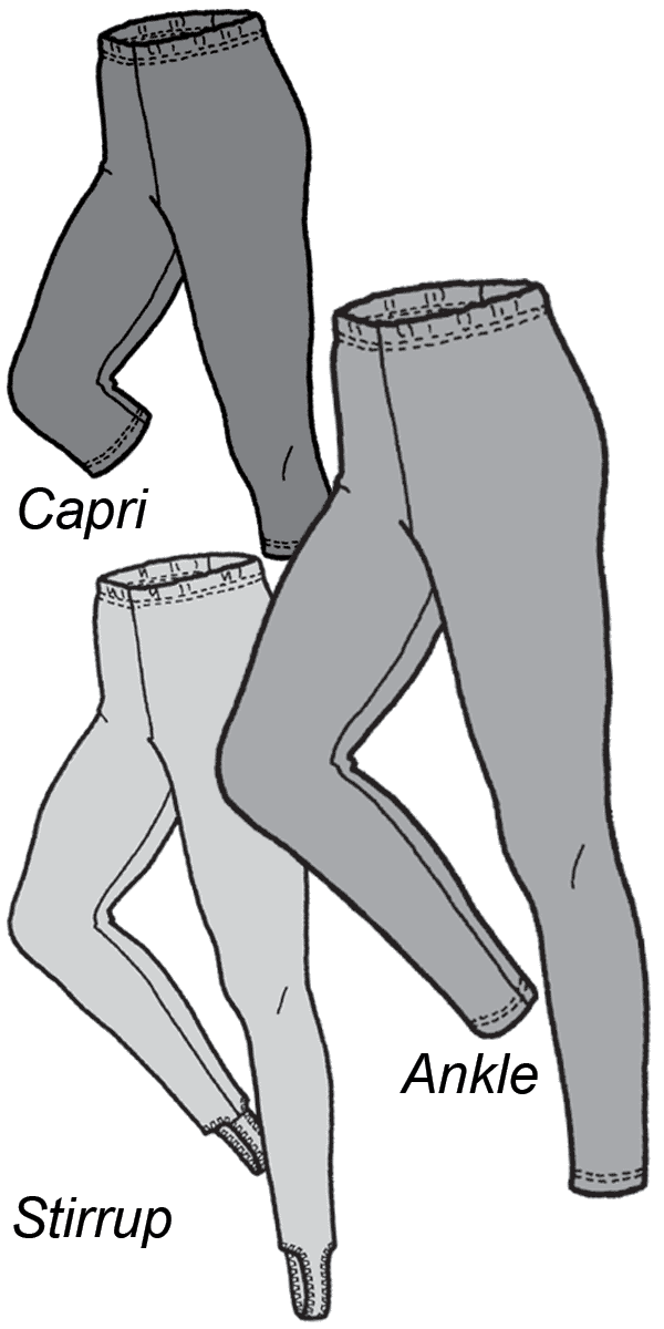 pen and ink drawing of three pair of leggings in different lengths.