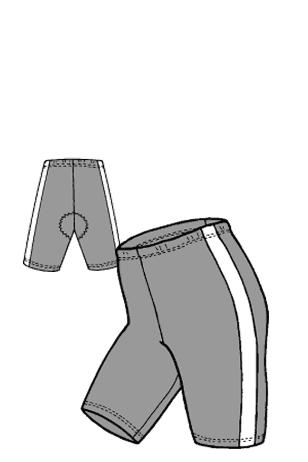 pen and ink drawing of bike shorts with a side stripe and crotch chamois