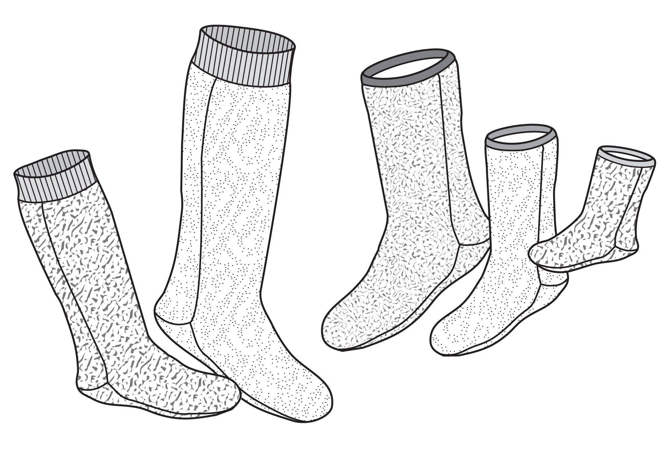 Five polar socks black and white line drawings