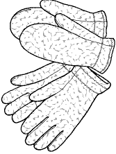 pen and ink drawing of fleece mittens and gloves