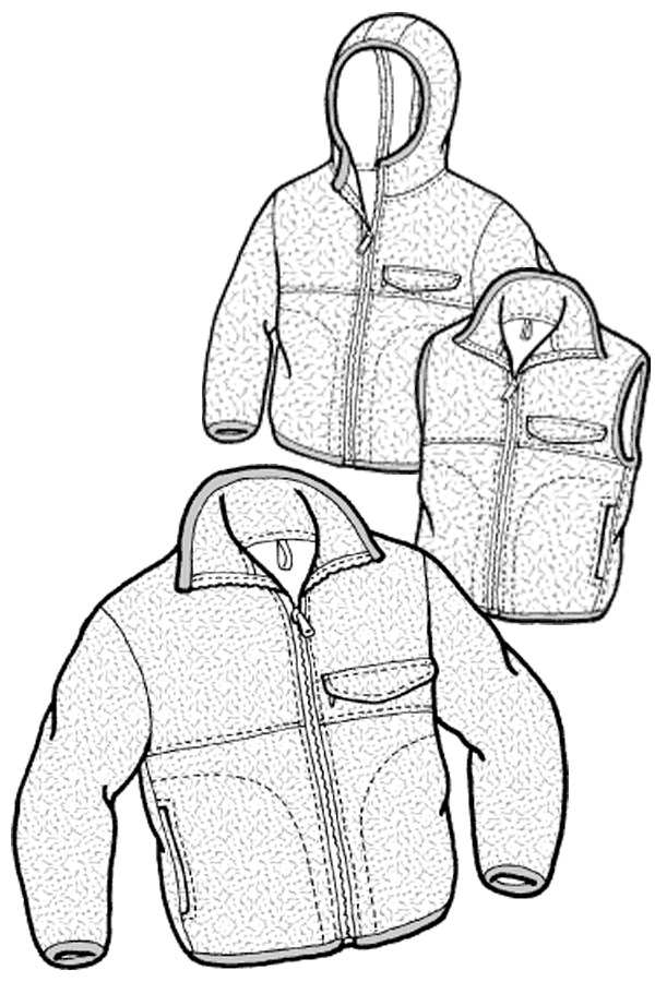 Pen and ink drawings of polar fleece jackets and a vest.