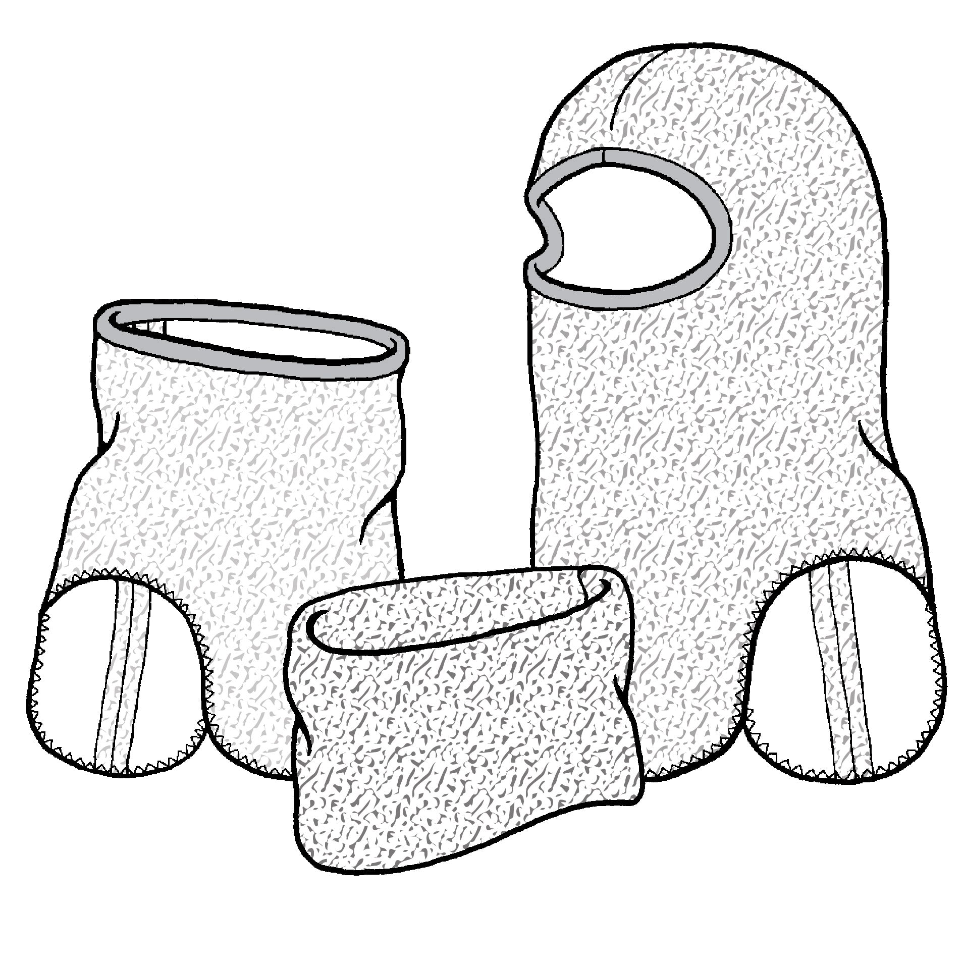 pen and ink drawing of two fleece neckwarmers and a balaclava.