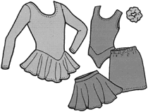 pen and ink drawings of a skating dress, circle skirt, straight skirt, leotard, and scrunchie.