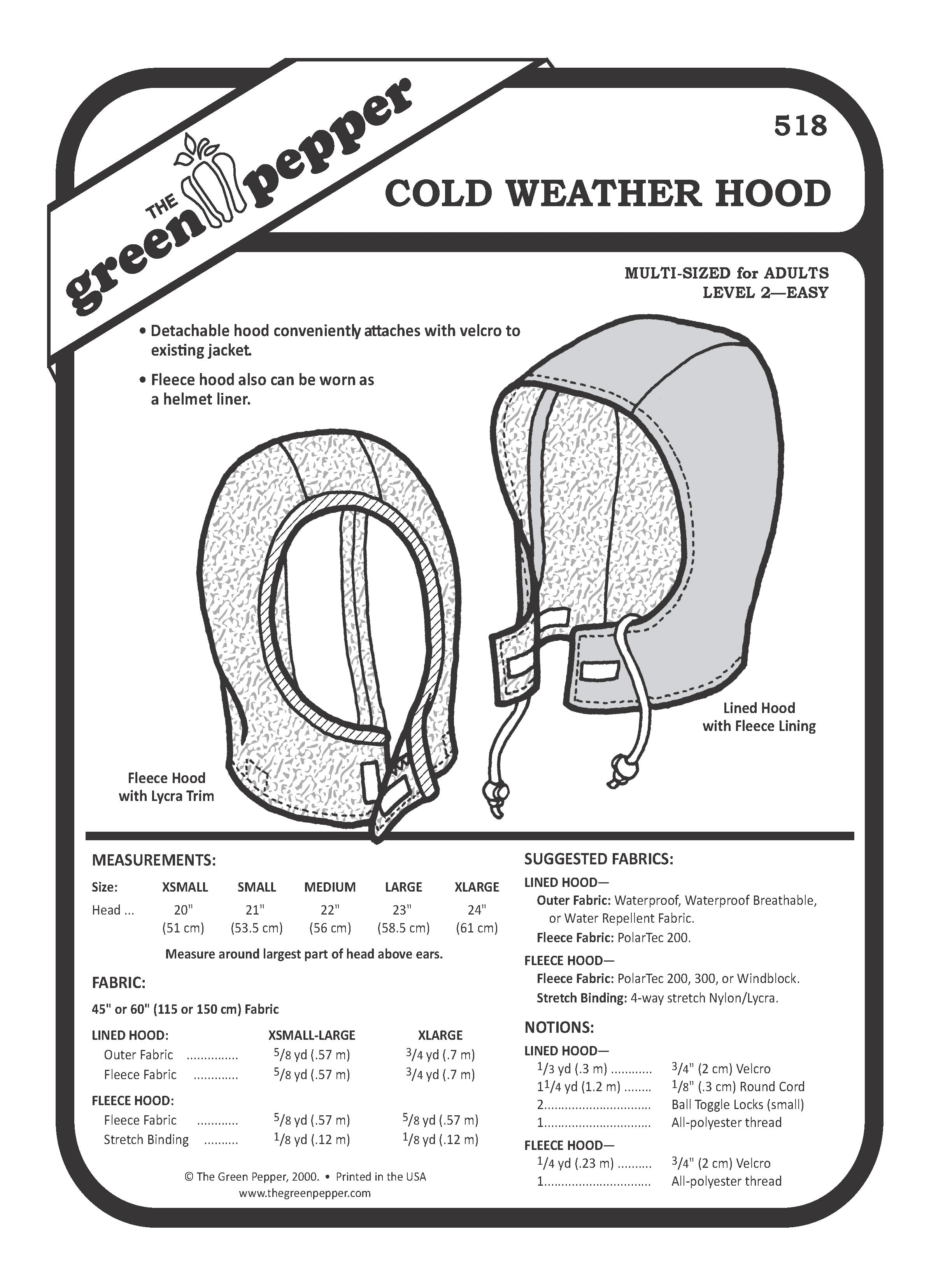 Cover of The Green Pepper cold weather hood with product details.