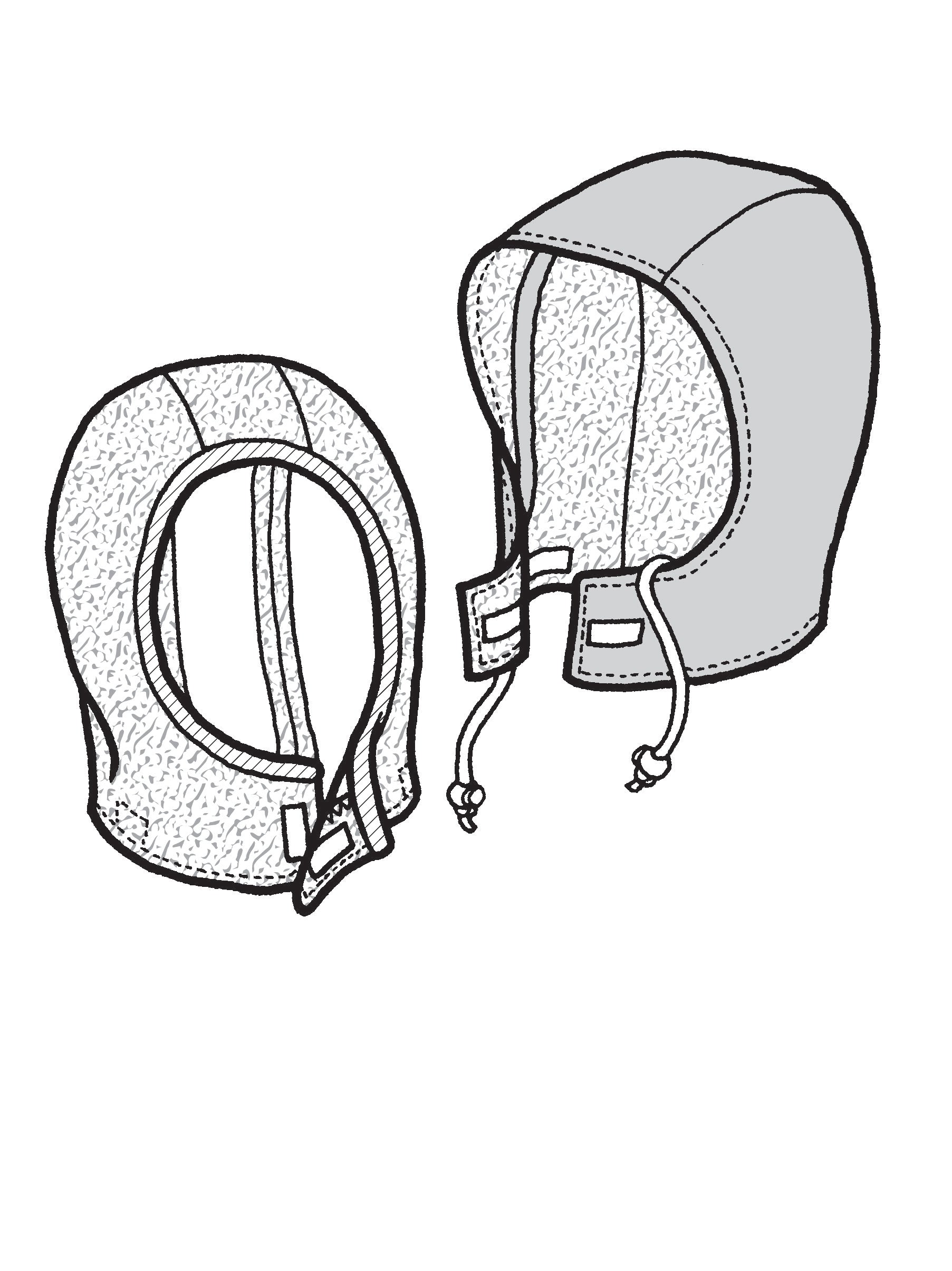 pen and ink drawing of two detachable hoods for coats.