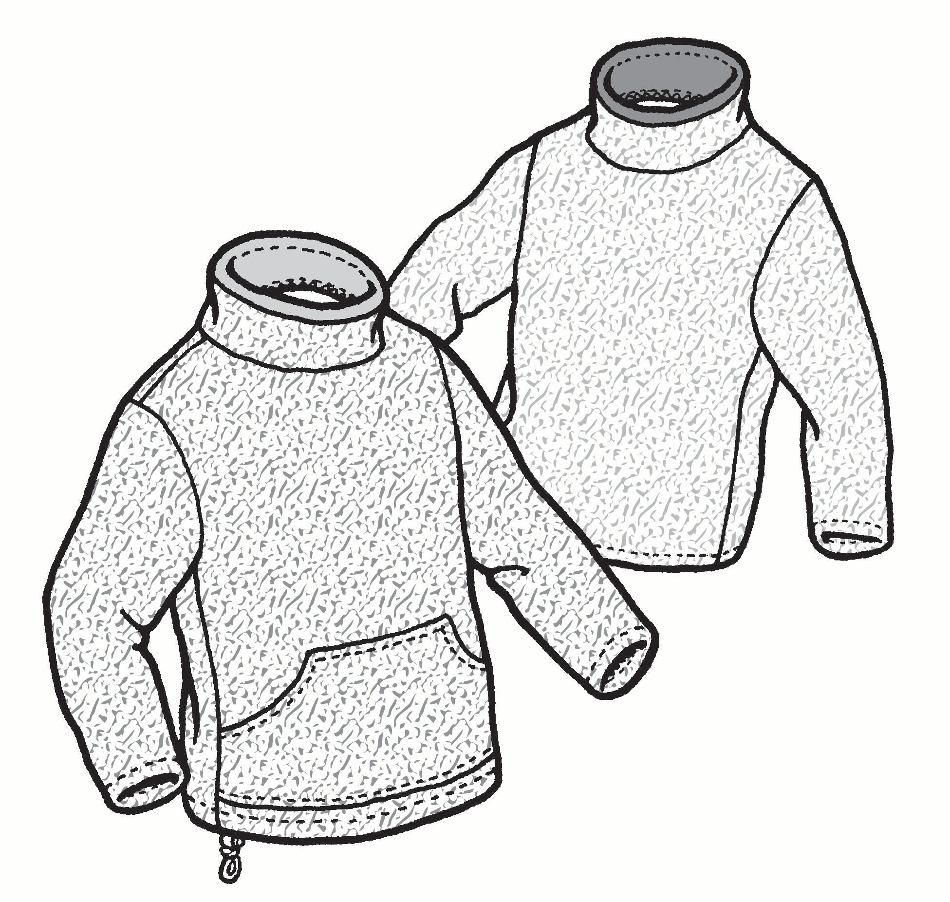 Line drawing of two fleece sweatshirts on a white background