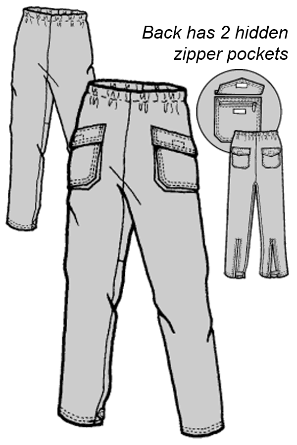 pen and ink drawing of 3 views of cargo pants with a close up of a back pocket.