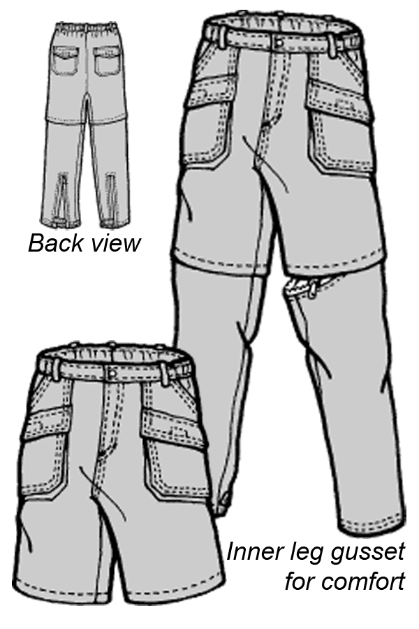 pen and ink drawing of cargo shorts, pants with zip-off leg, and a back view with lower leg zippers.