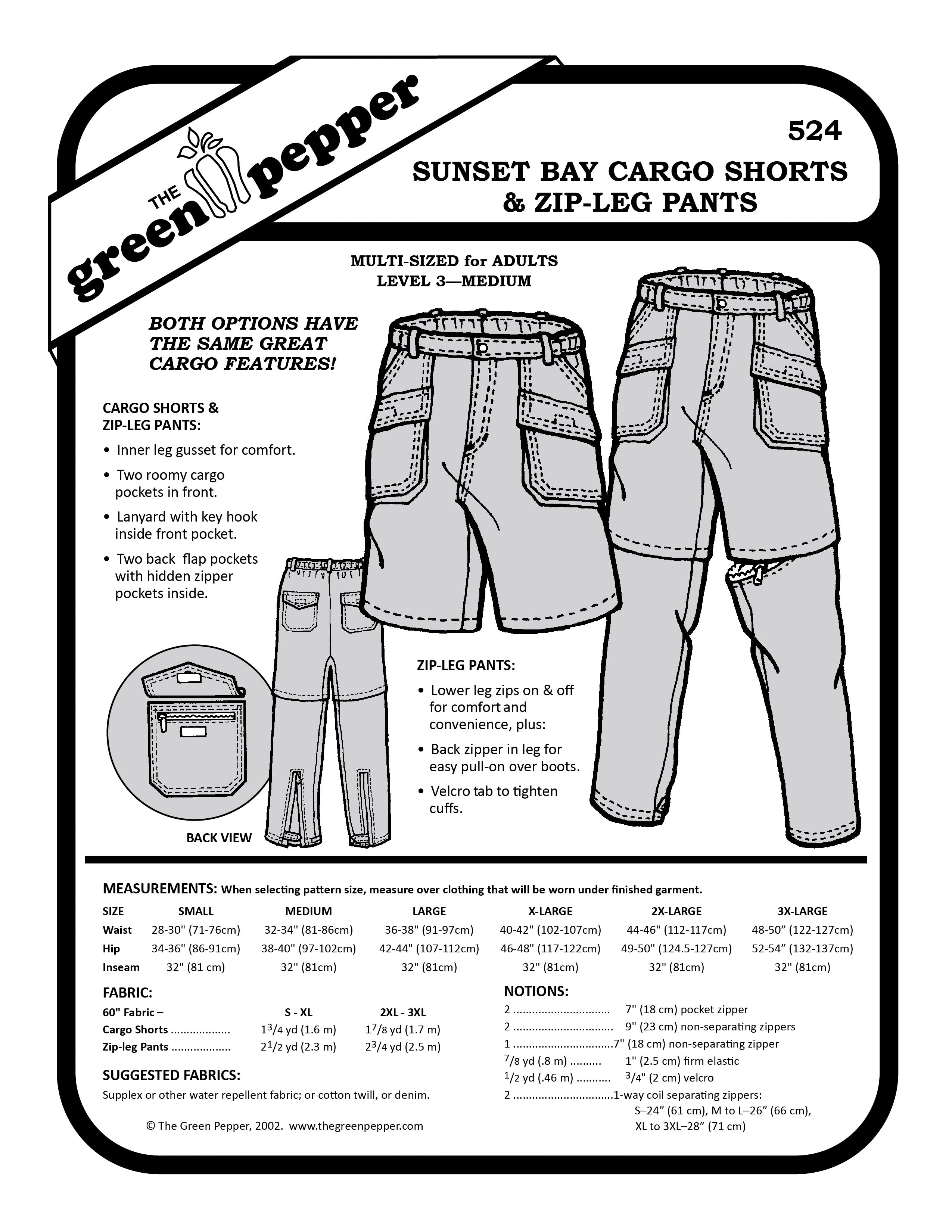 Cover for sewing pattern 524 Sunset Bay Cargo Shorts & Zip-Leg Pants