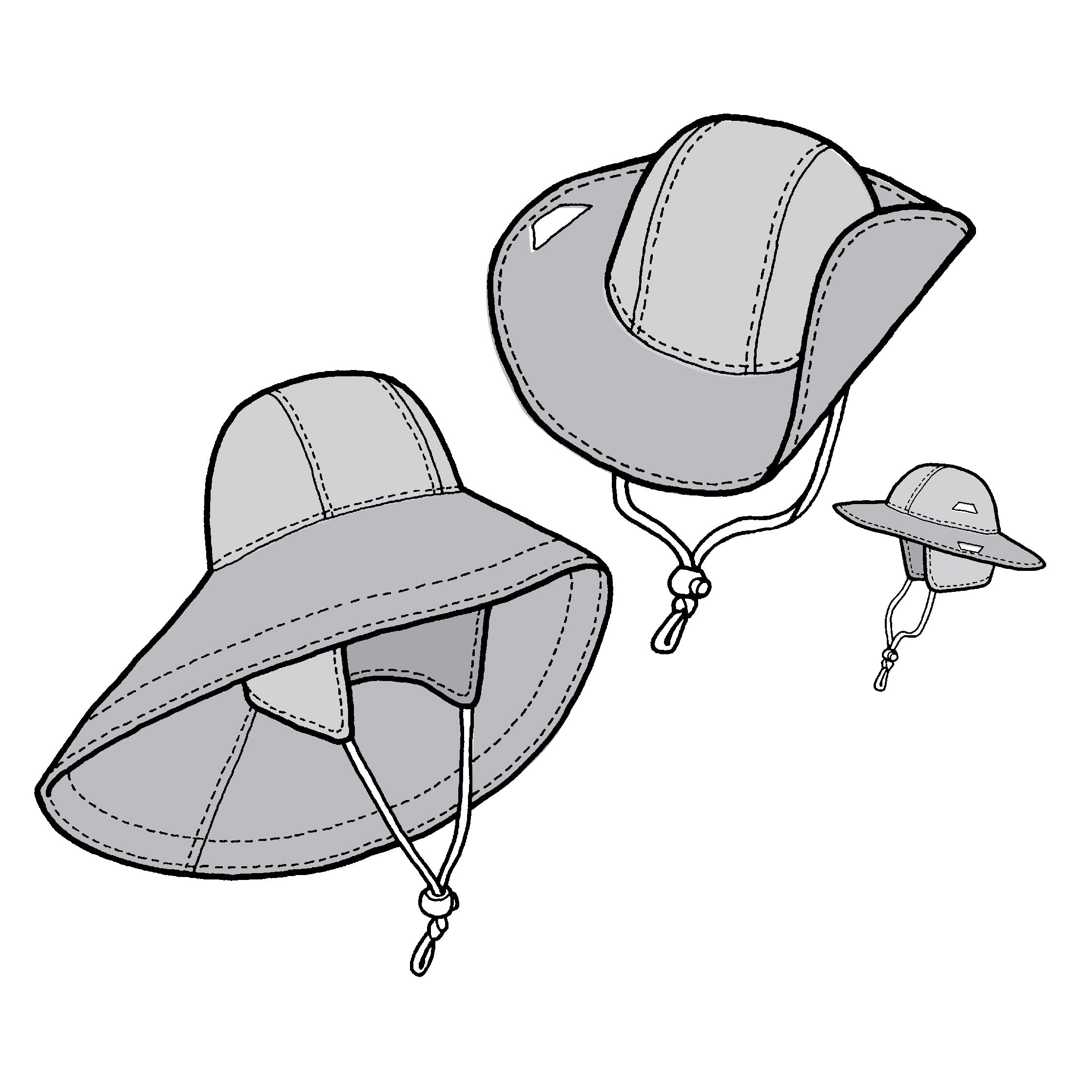 Drawing of three hats with wide brims and chin toggles