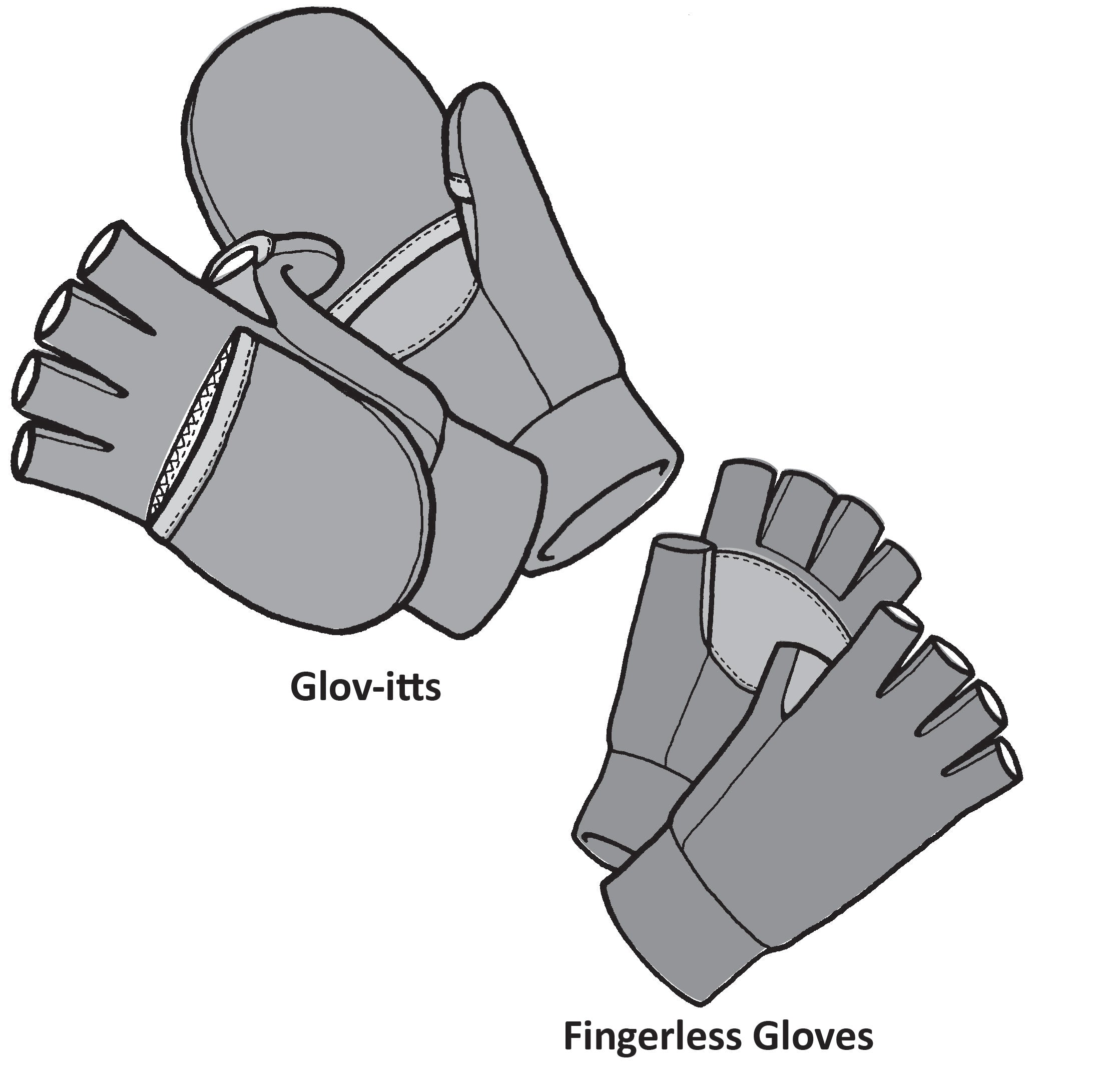Drawing of glovitts and fingerless gloves in black and white