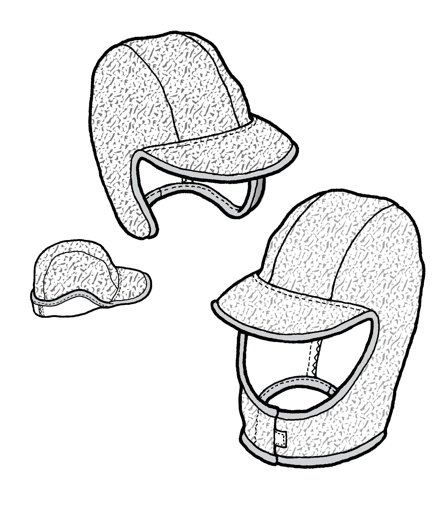 pen and ink drawing of three views of bills cap