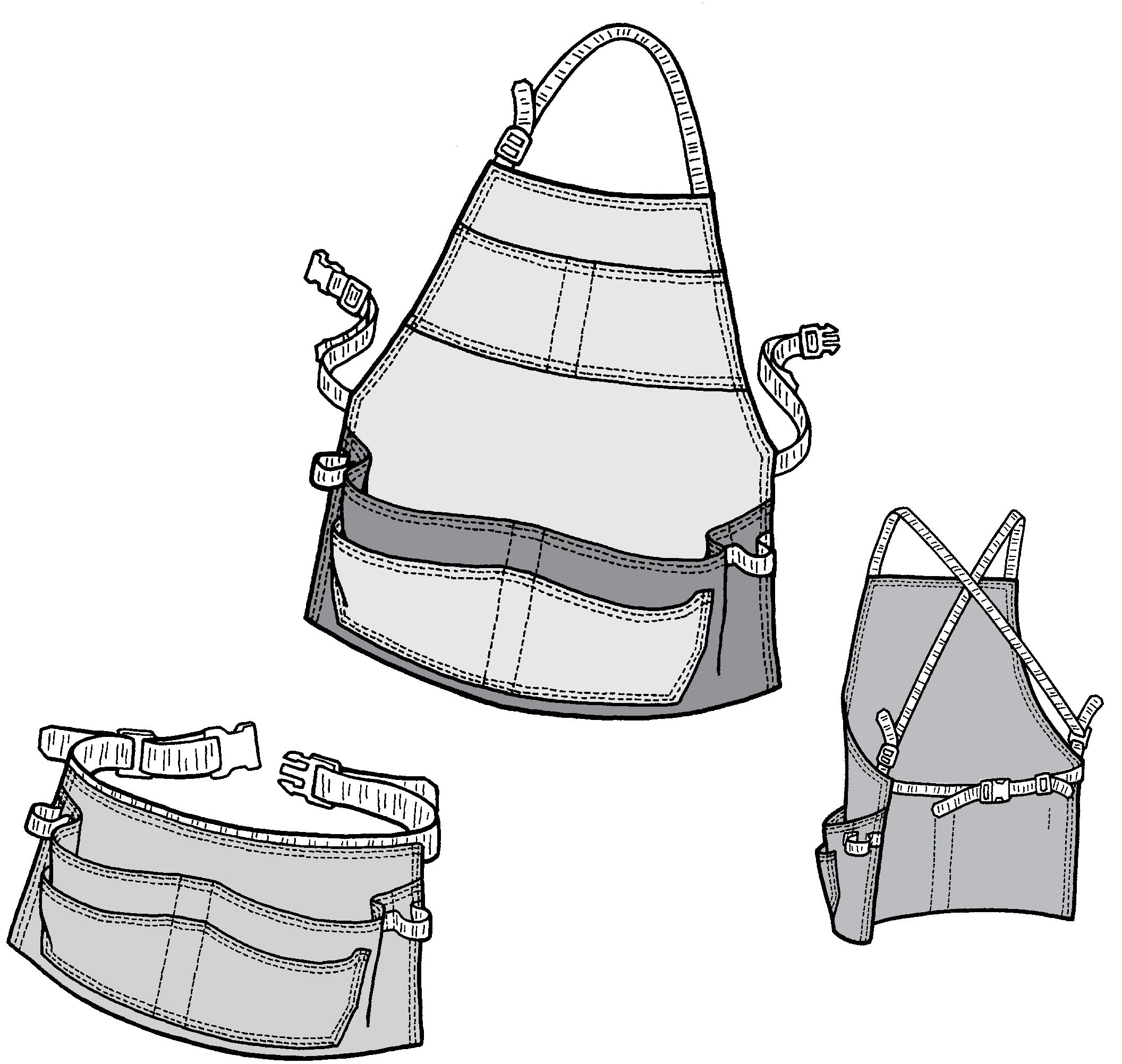 Drawings of tool belt, work apron front and back.
