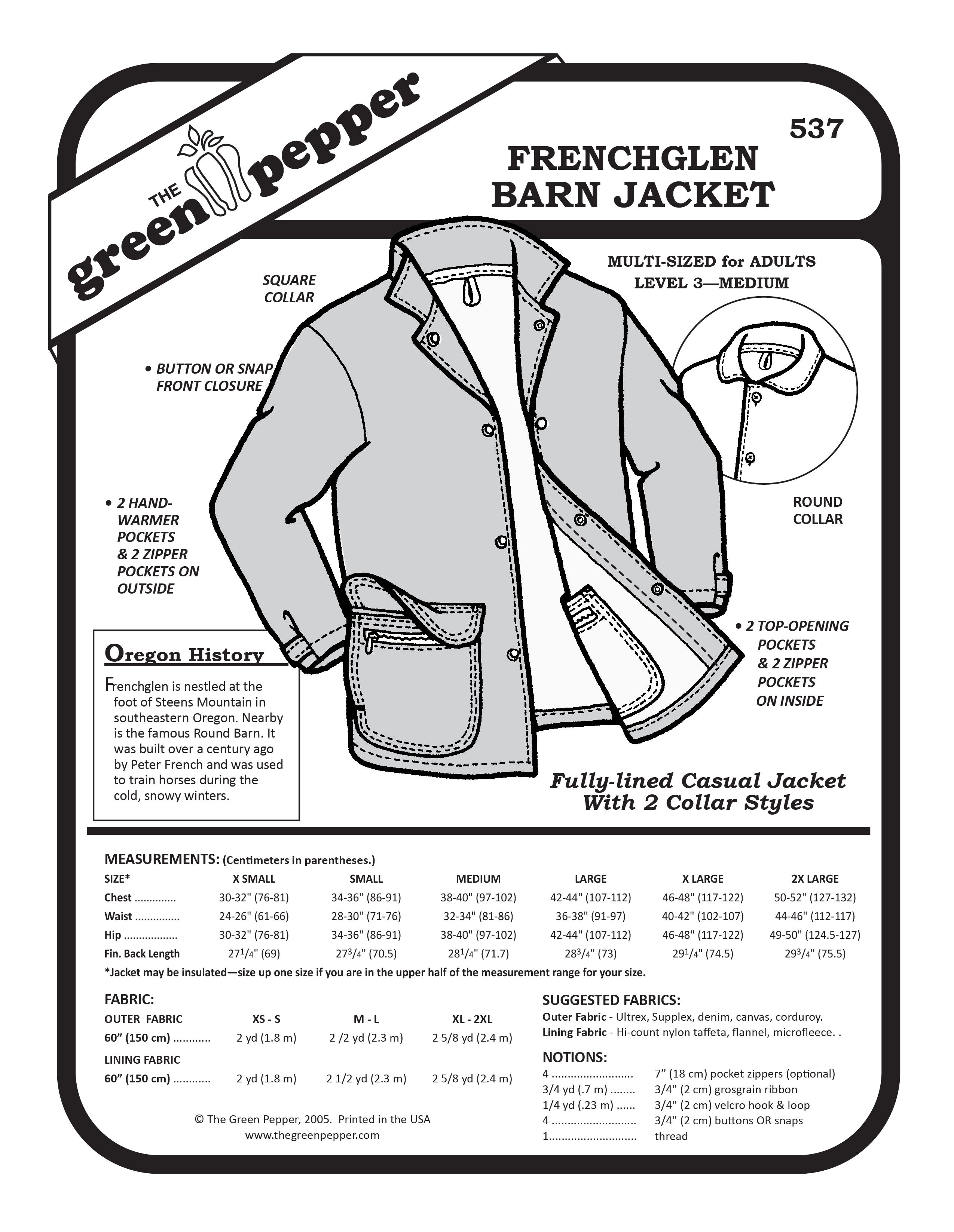 black and white over of frenchglen barn jacket with description of notions and fabrics and sizes.