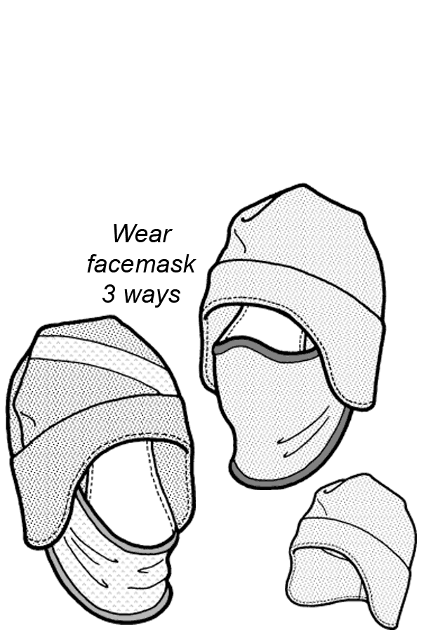 Line drawing of three balaclava hats and facemasks.