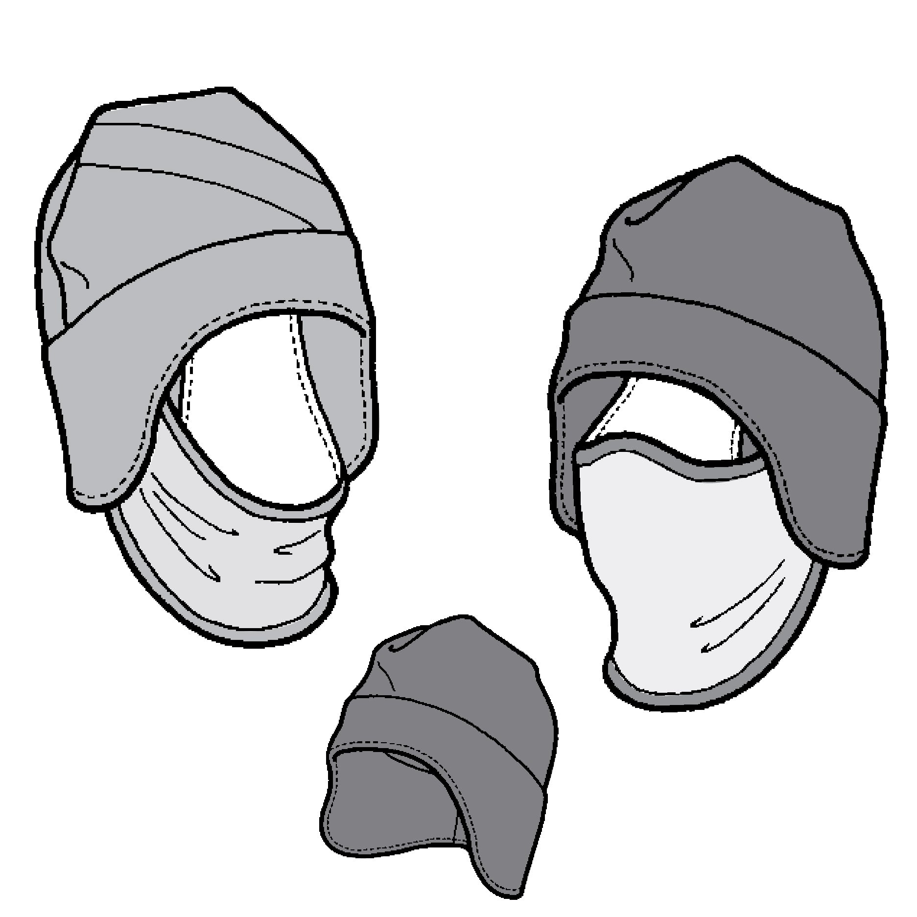 Line drawing of three balaclava hats and facemasks.