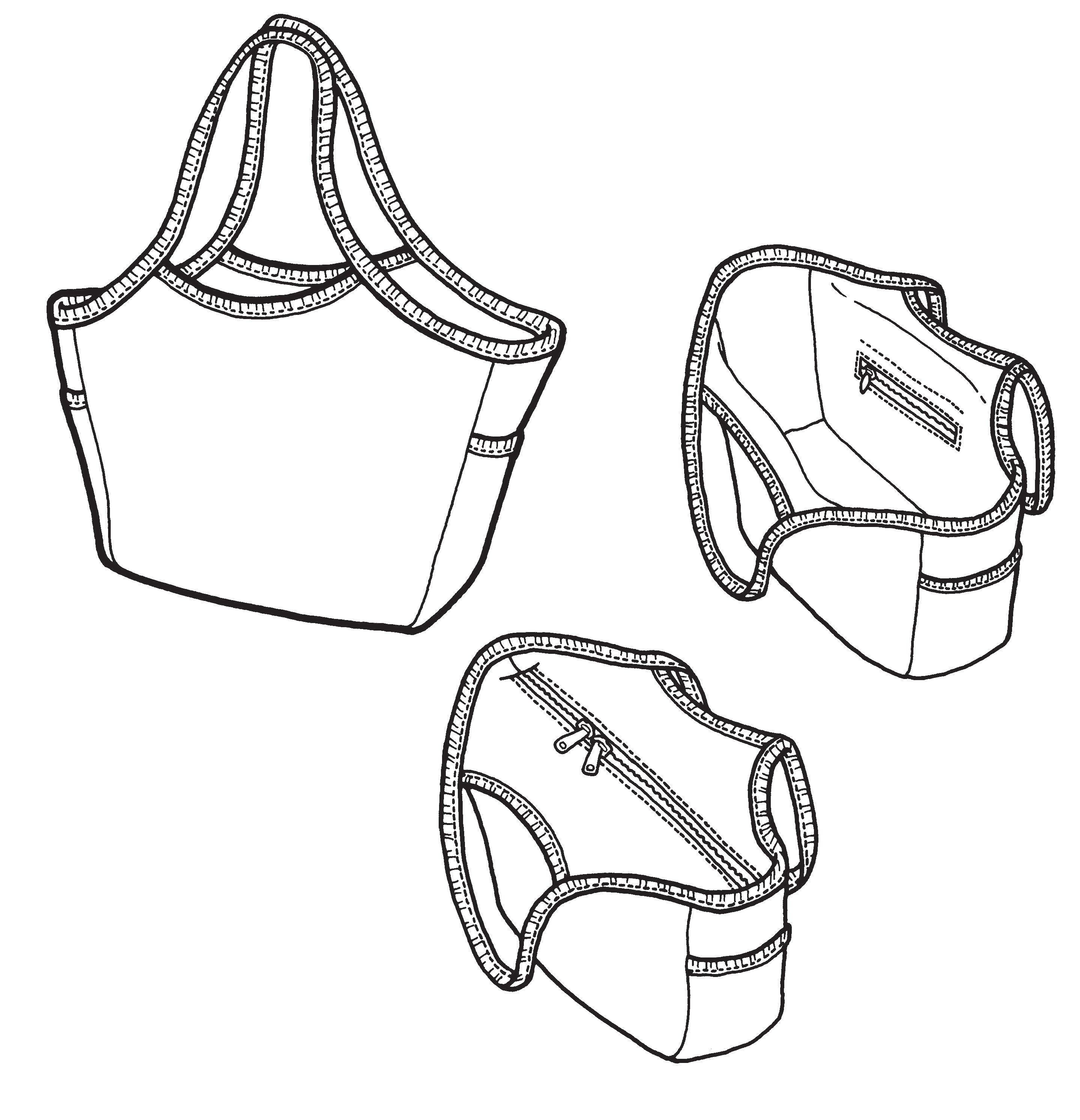drawing of three totes for the Wave Bag.