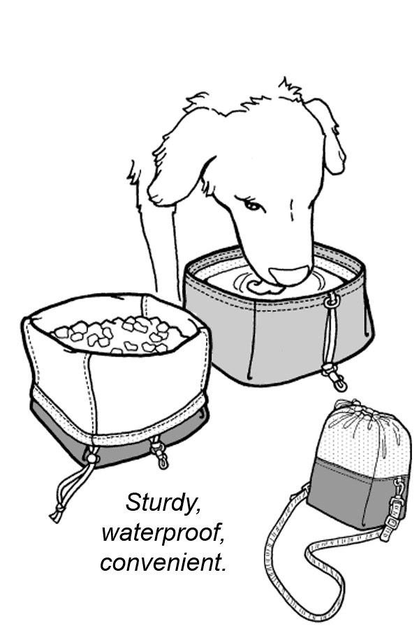 drawing of a dog drinking from a bag; food bag to the left, and a closed pouch below.