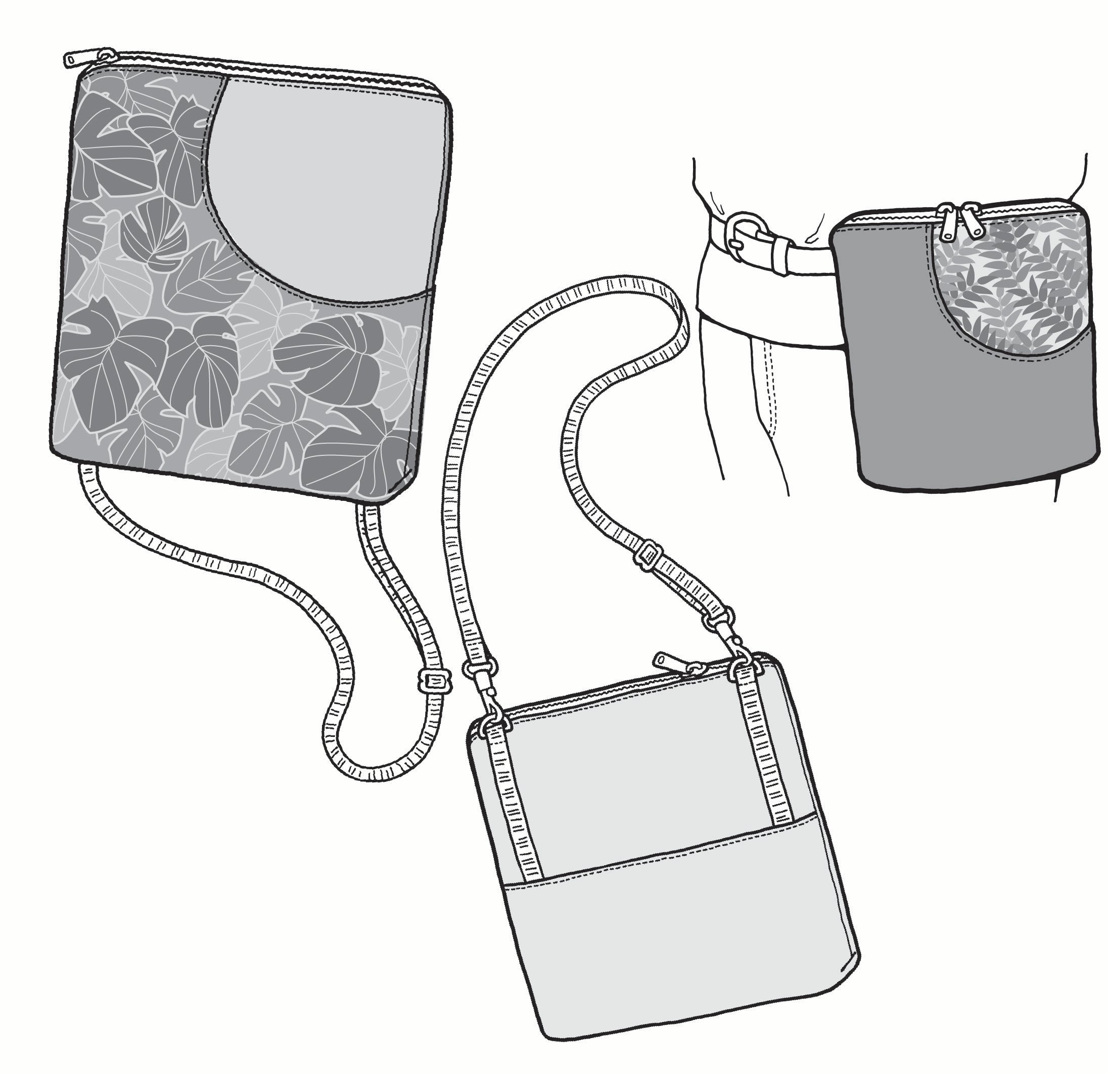 Illustration of a crossbody bag with a floral patterned pouch on a white background