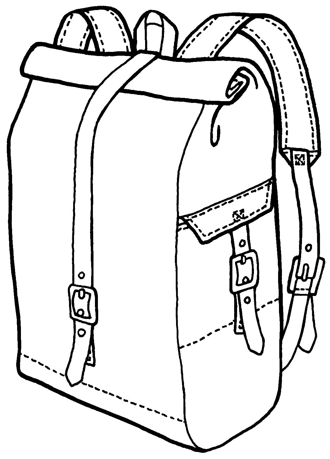 Pen and ink drawing of rustic replica rucksack with leather straps