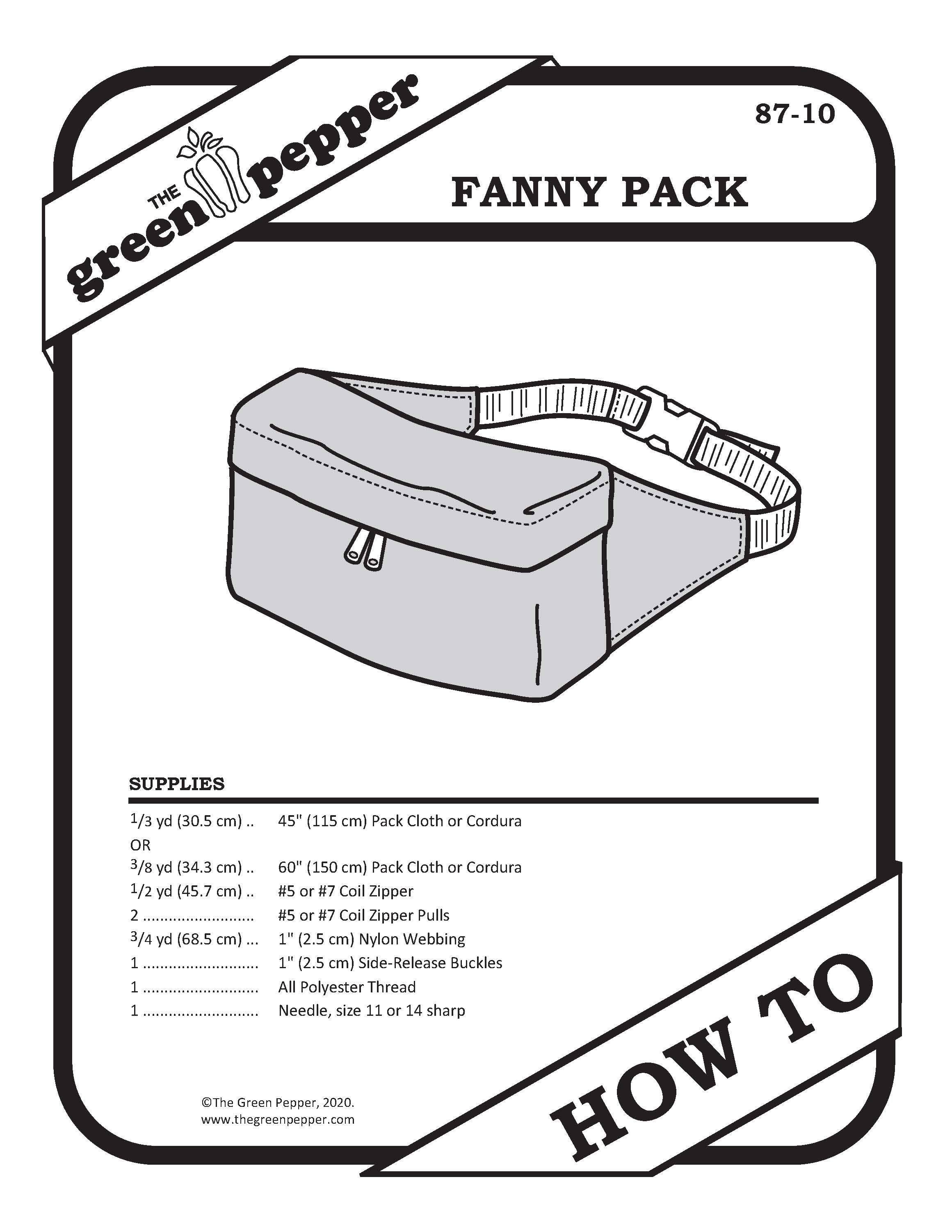 Fanny pack pattern with measurements and instructions from 'The Green Pepper'.