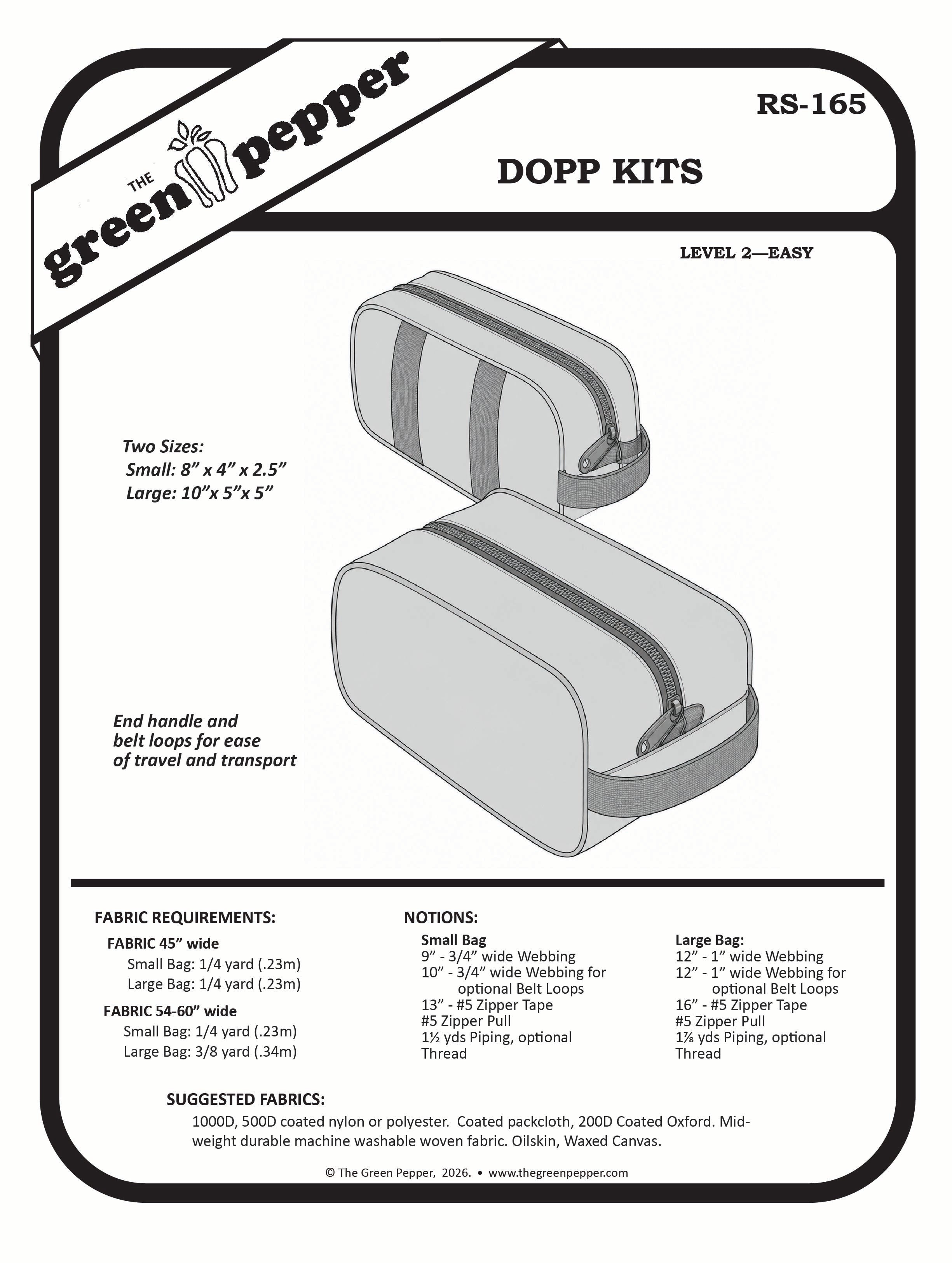 A black and white sewing pattern cover for 'Green Pepper Dopp Kits' (RS-165), showing a technical line drawing of a doppel bag with size and fabric requirements listed below.