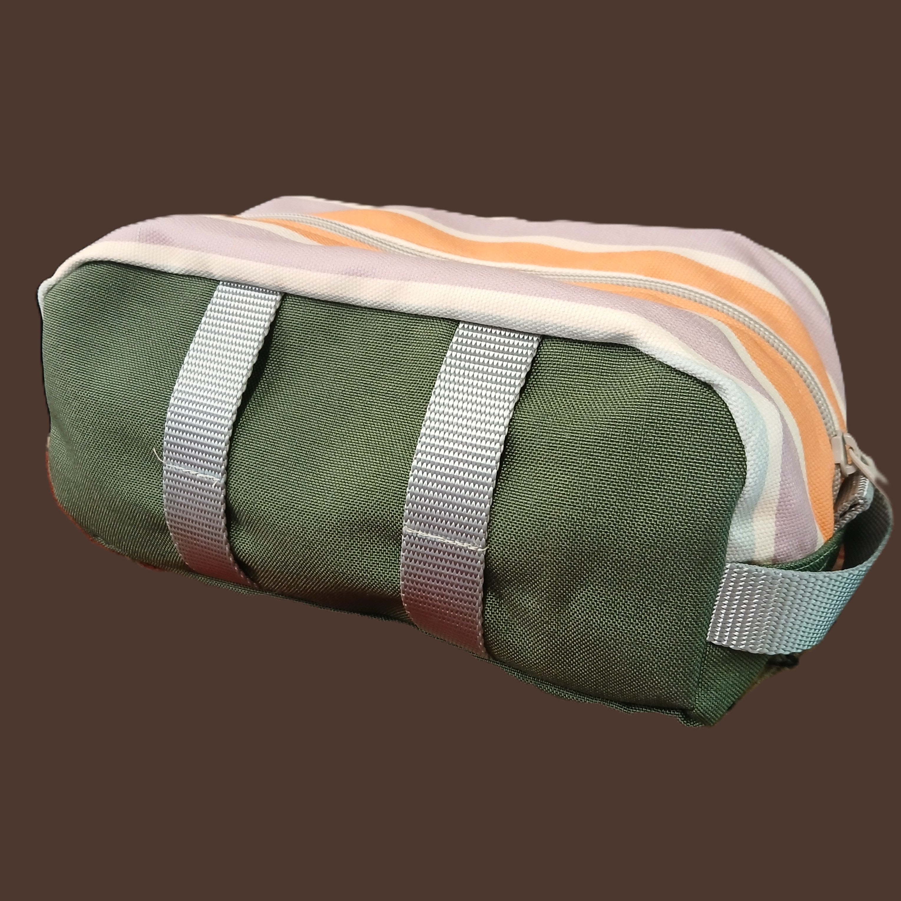green and grey dopp kit with grey webbing handles