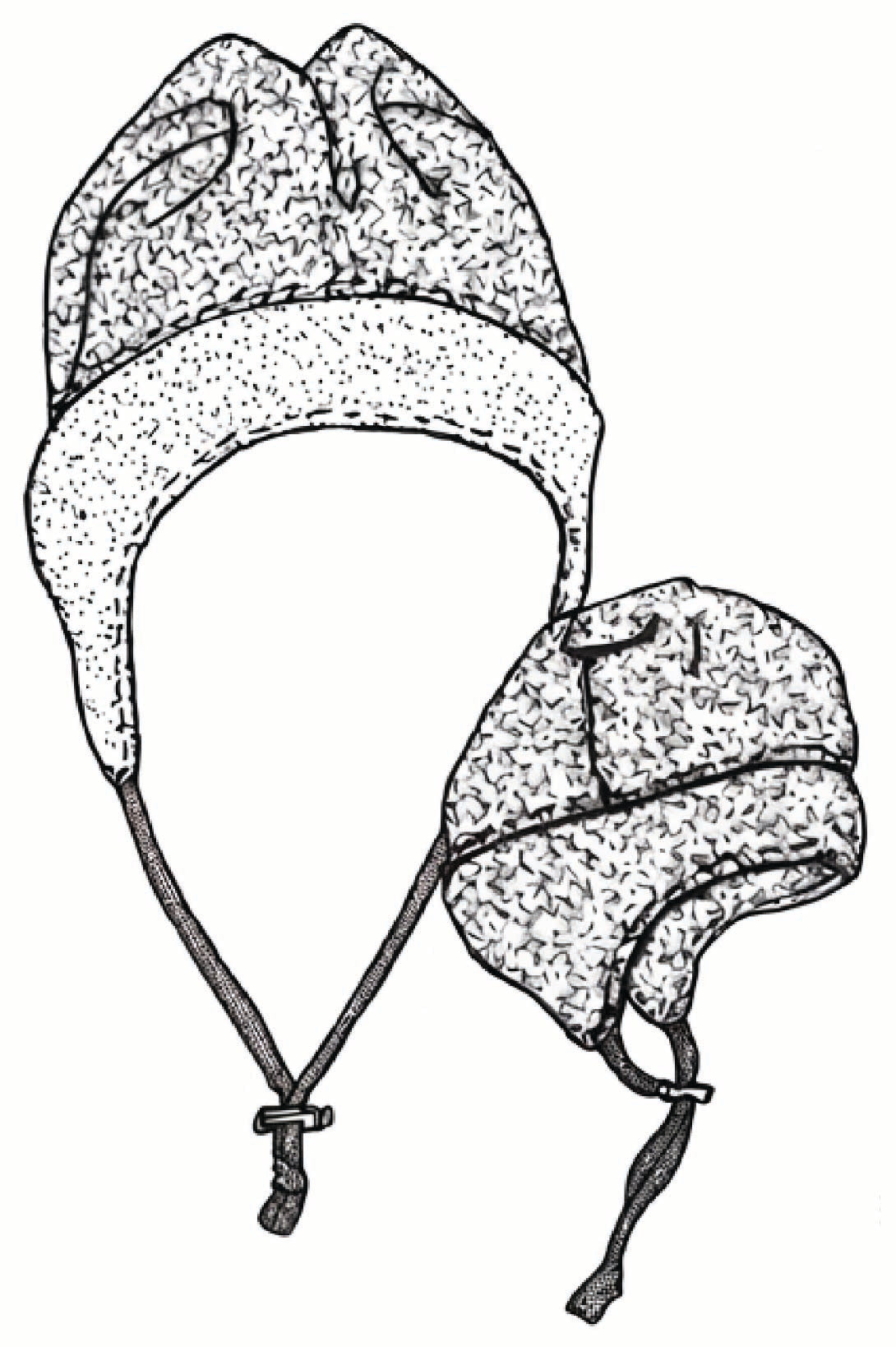 pen and ink drawing of front and side view of a fleece hat with earflaps and drawstring cord