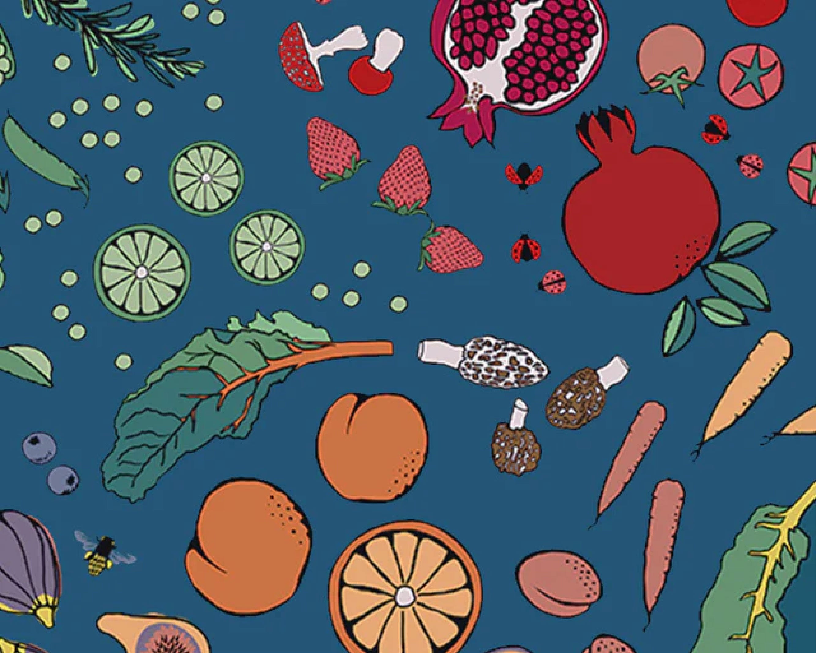 Close up of vegetable print teal laminated cotton fabric