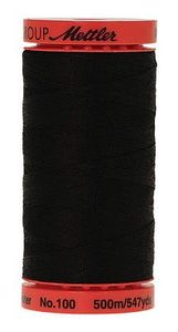 A spool of black sewing thread with red plastic end caps. The top cap is red with the brand name 'Mettler' in black script, and the bottom cap is red with text reading 'Met.