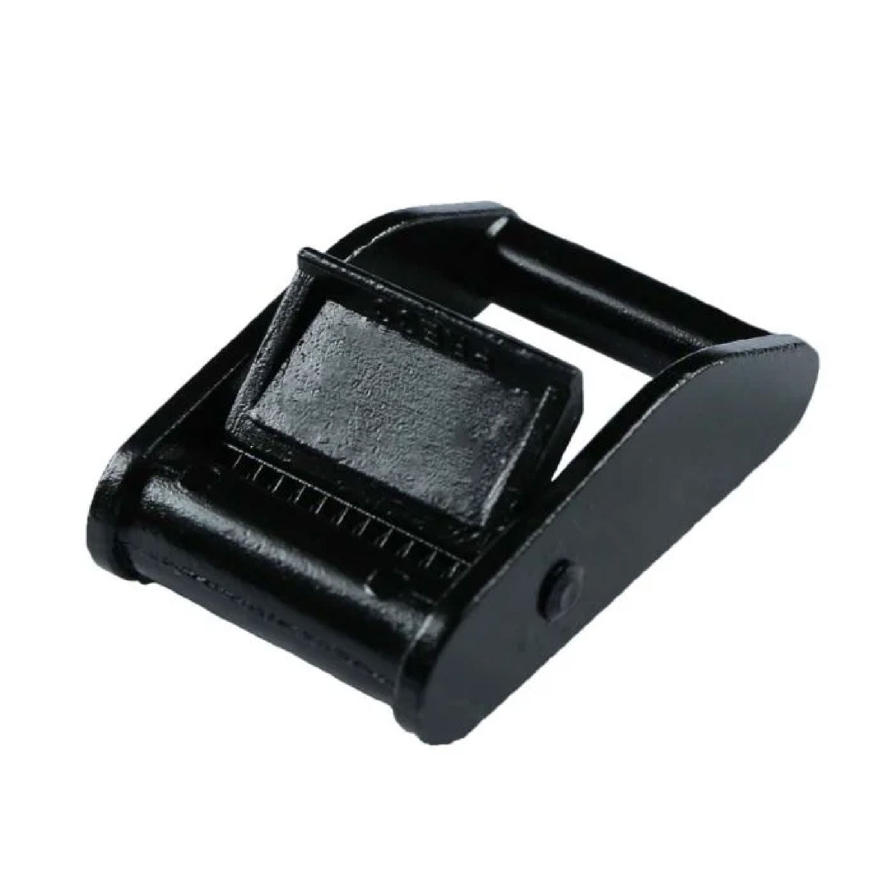 Black metal cam buckle on a white background