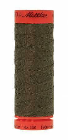 A spool of Mettler sewing thread in olive green, featuring a red-orange top and bottom band with black printed text, isolated on a white background.