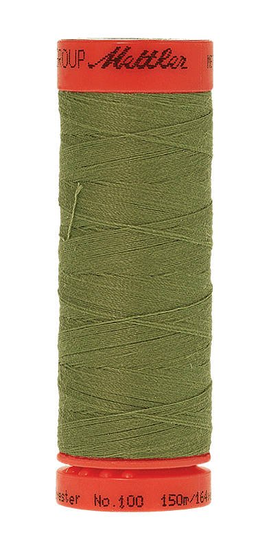 A spool of Muttilier sewing thread in olive green, featuring a red plastic top and bottom cap with black printed text, isolated on a white background.