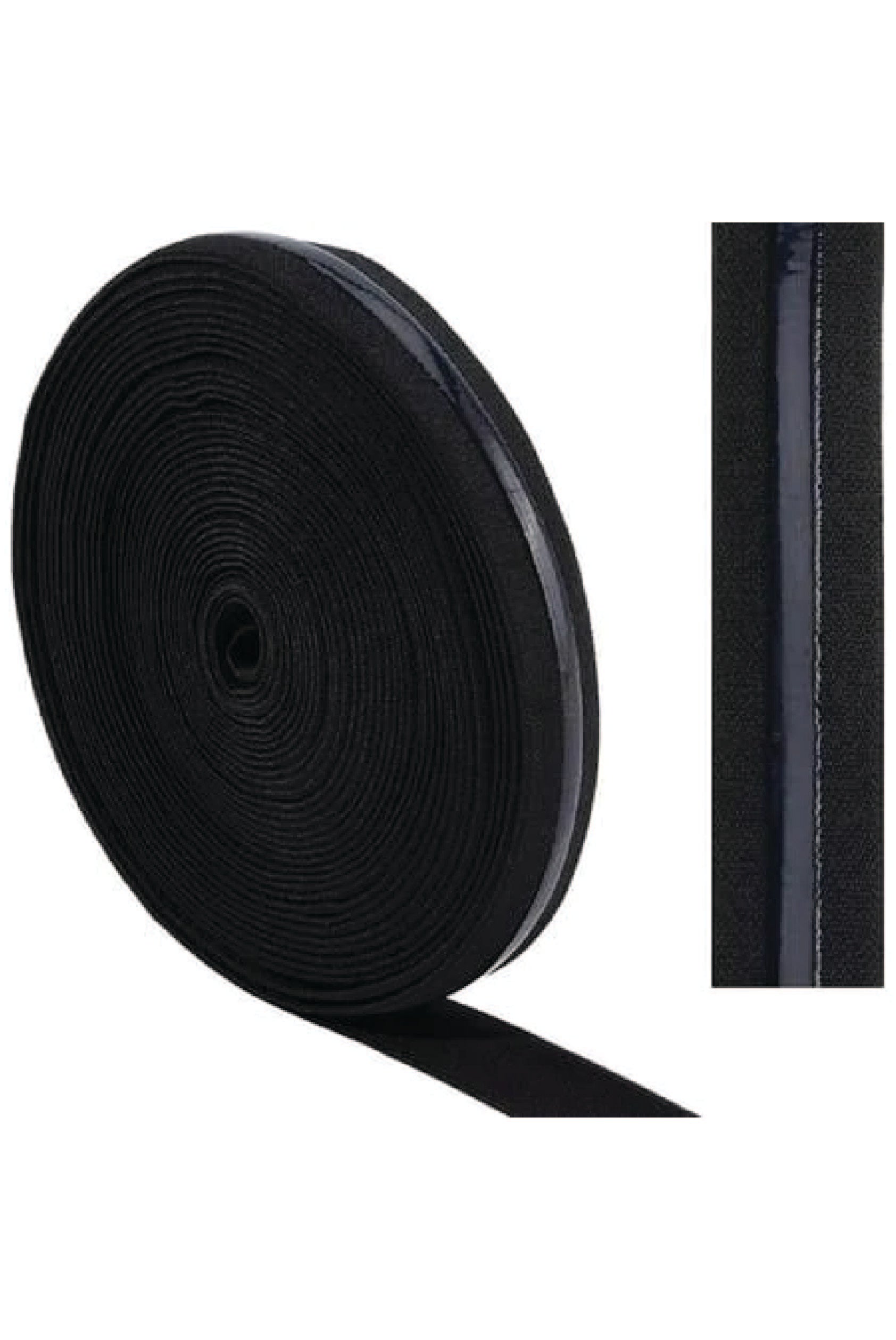 roll of black grip elastic on left and a strip of black elastic on right.