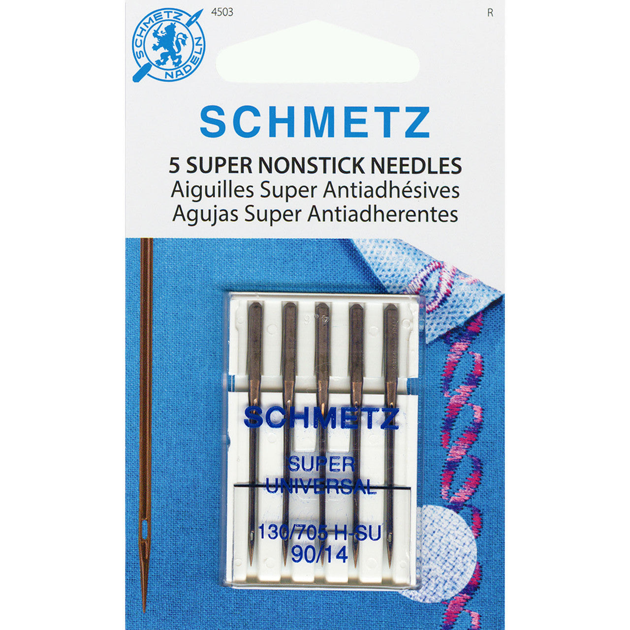 Pack of Schmetz super nonstick needles on a blue and white background
