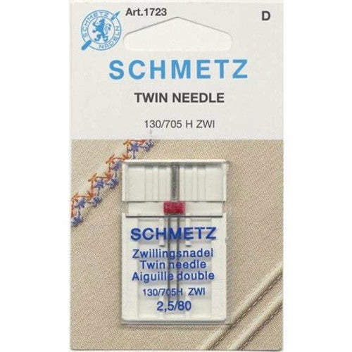 image of a package for a Schmetz double needle for a sewing machine.  One needle in the package.