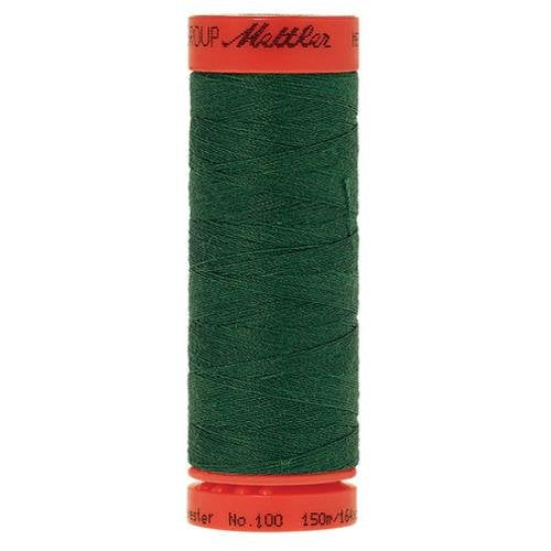 A spool of dark green sewing thread wound on a red spool, with the brand name 'Mettler' visible on the top and bottom red ends, set against a plain white background.