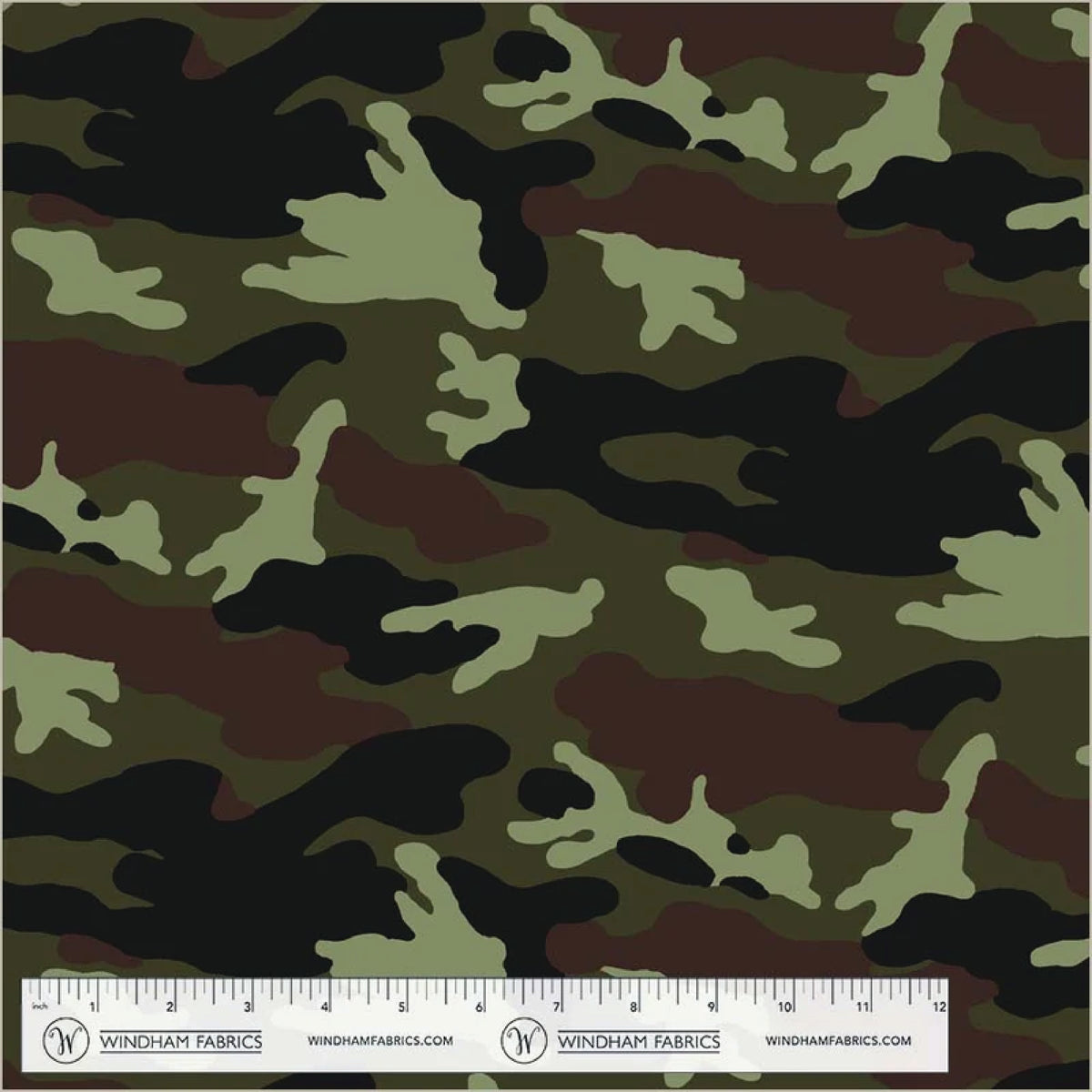 Camo Fleece mint green olive green, brown and black. with a Windham fabrics logo and name with a white measuring tape for scale.